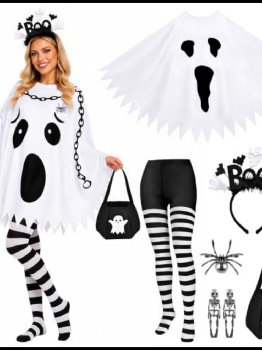 Ghost Halloween Costume Set 6 Piece Poncho Tights Cosplay